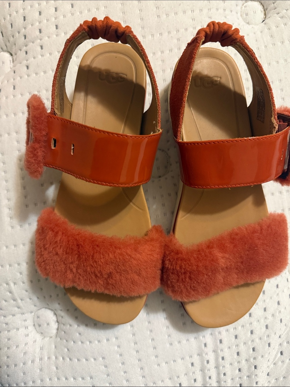 UGG Orange Patent & Fuzzy Strap Sandals